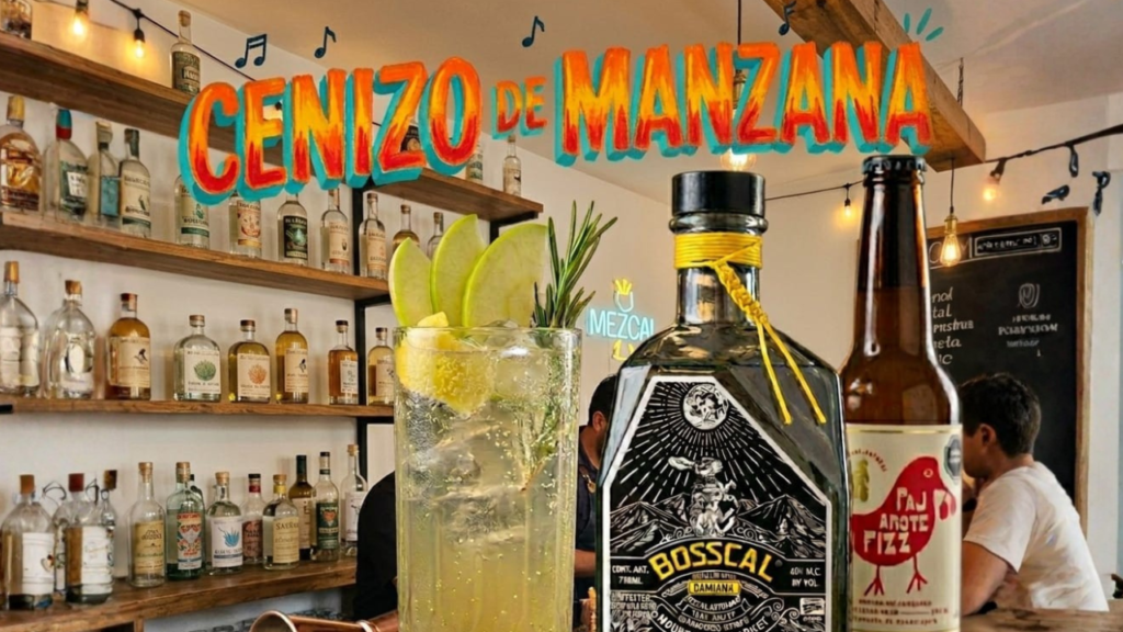 Imagen promocional del cóctel 'Cenizo de Manzana' en un vaso highball con guarnición de manzana verde y romero, junto a una botella de Mezcal Bosscal con Damiana y Ginger Beer Pajarote Fizz sobre una barra de madera. El título superior tiene un estilo de rótulo de barda de la CDMX con degradado naranja y notas musicales. Incluye el logo de Destilando.shop y menciones a @bosscalmezcalmx y @PajaroteFizz