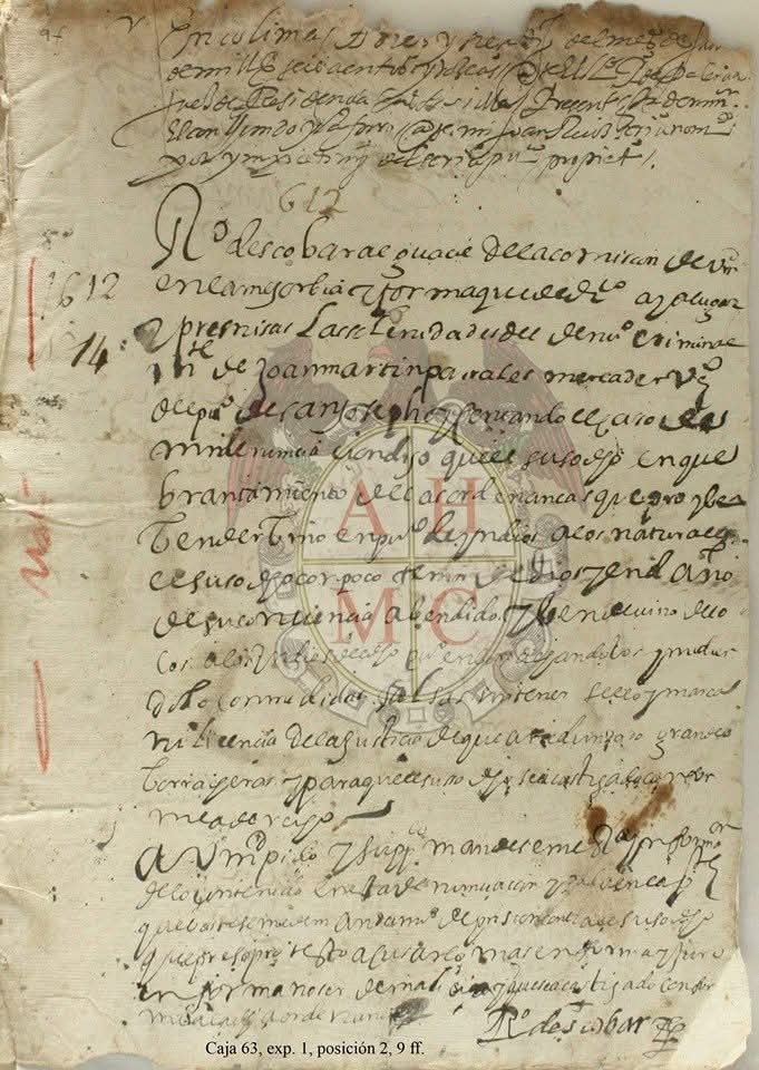 Documento del archivo histórico del municipio de Colima, acerca d ela prohibición del comercio de vino de cocos, es una denuncia presentada por una alguacion, contra un mercadore presentada ante el juez residente en Colima en 1612