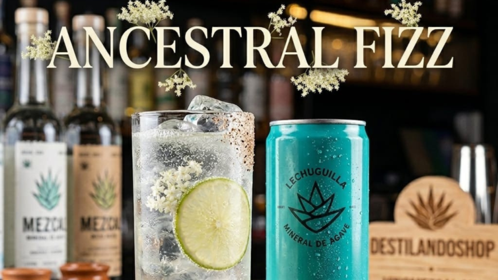 Cóctel Ancestral Fizz con Mezcal Cupreata y Lechuguilla Mineral de Agave, decorado con flores de saúco sobre fondo turquesa