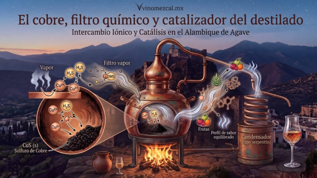 Infografía cinemática de vinomezcal.mx sobre el cobre como filtro químico en la destilación de agave. Se detalla la reacción de intercambio iónico donde los iones cúpricos (Cu^{2+}) reaccionan con el sulfuro de hidrógeno (H_2S) y el dimetilsulfuro (DMS) para formar un precipitado de sulfuro de cobre (CuS), purificando el vapor hacia un perfil de sabor equilibrado y frutal.