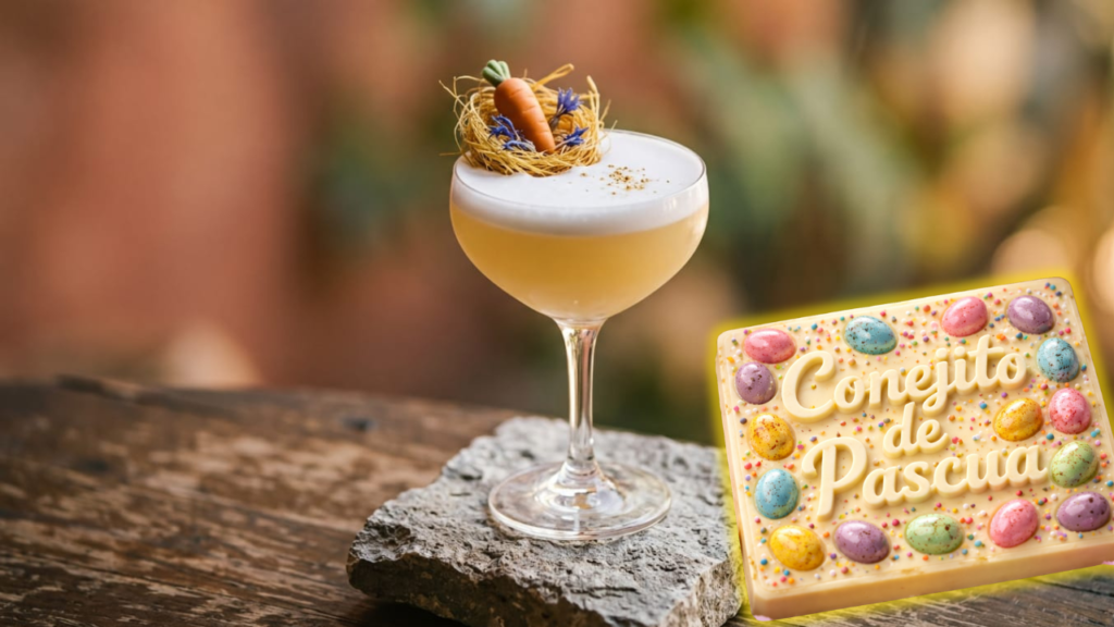 coctel conejito de pascua, hecho con fatwashing de chcolate balnco con bacanora, especialemtne para destilando.shop se acompaña de una tableta de chcoolate blanco con incrustaciones de huevos de pascua