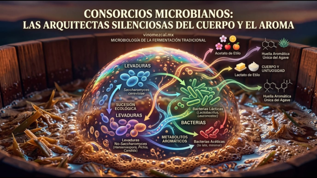 Infografía técnica sobre consorcios microbianos en la fermentación del mezcal para vinomezcal.mx. Muestra la sucesión ecológica entre levaduras Saccharomyces y no-Saccharomyces (Hanseniaspora, Pichia, Candida), y la interacción de bacterias lácticas (Lactobacillus, Leuconostoc) para la formación de lactato de etilo y acetato de etilo, definiendo el cuerpo y aroma del destilado.