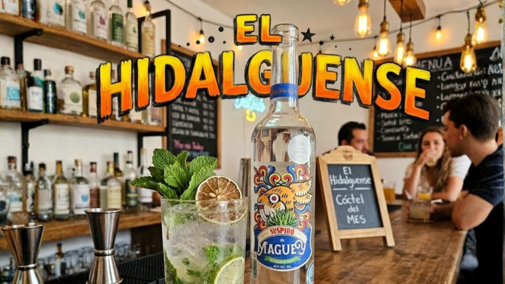 "Cóctel artesanal 'El Hidalguense' preparado con menta y limón en un vaso highball, junto a una botella de 'Suspiro de Maguey Destilado de Maguey' en un bar rústico. Un gran título superpuesto estilizado dice 'EL HIDALGUENSE'. Incluye un posavasos y servilleta de DestilandoShop."