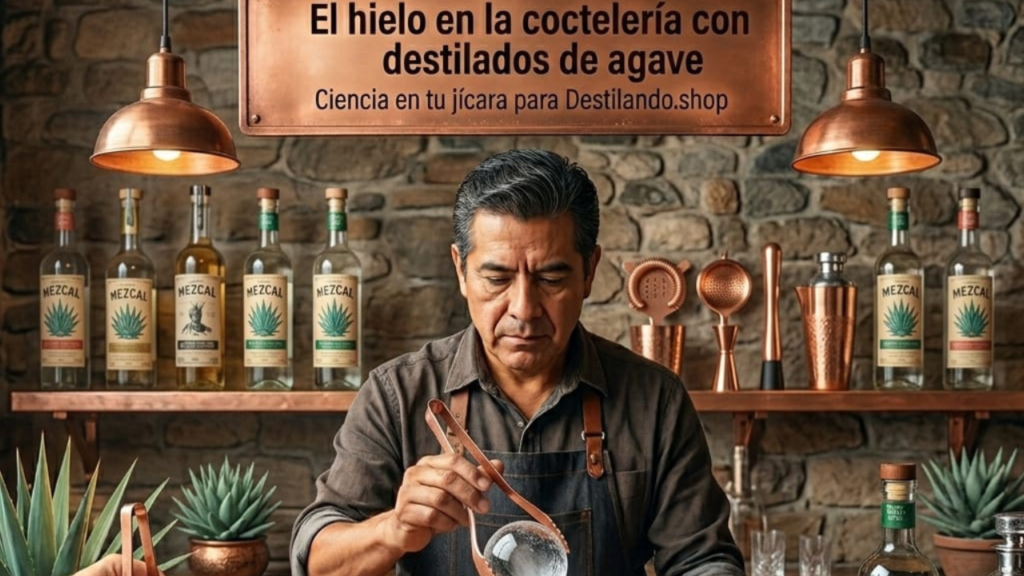 Bartender profesional en barra rústica de cobre preparando un cóctel con una esfera de hielo cristalino y pinzas. Al fondo, botellas de mezcal artesanal y fórmulas de termodinámica grabadas sobre la barra. Portada para vinomezcal.mx sobre la ciencia del hielo en destilados de agave.