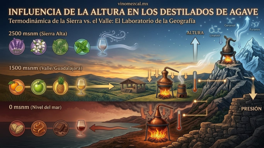 Infografía técnica de vinomezcal.mx sobre la influencia de la altitud en la destilación de agave. Comparativa termodinámica entre Sierra Alta (2500 msnm), Valle (1500 msnm) y Nivel del Mar (0 msnm), detallando la relación entre presión atmosférica, punto de ebullición y la retención de compuestos volátiles como terpenos y furanos.