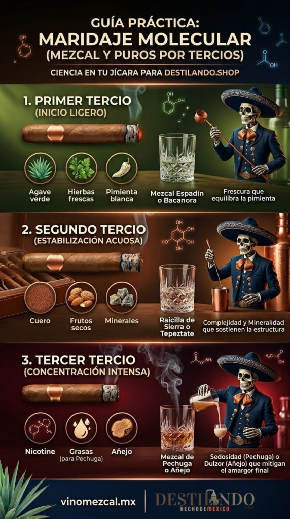 Infografía vertical detallada de una Guía Práctica para el Maridaje Molecular de Mezcal y Puros por Tercios, situada en una taberna rústica con un toque científico guiada por el personaje Lando, un charro esqueleto mariachi. La imagen se divide en tres paneles horizontales que representan los tercios de la experiencia:
En la parte superior, el primer panel (verde) describe el 'Primer Tercio (Inicio Ligero)'. Muestra un cigarro inicialmente encendido junto a iconos de agave verde, hierbas frescas y pimienta blanca. Lando usa una venencia y el Mezcal sugerido es Espadín o Bacanora, con el texto 'Frescura que equilibra la pimienta'.
El panel central (cobre) describe el 'Segundo Tercio (Estabilización Acuosa)'. Un cigarro parcialmente fumado se presenta con iconos de cuero, frutos secos y rocas minerales. Lando revuelve una bebida y el Mezcal sugerido es Raicilla de Sierra o Tepeztate, con el texto 'Complejidad y Mineralidad que sostienen la estructura'.
En la parte inferior, el tercer panel (rojo intenso) describe el 'Tercer Tercio (Concentración Intensa)'. Una colilla corta de cigarro se presenta con iconos de nicotina, grasas estilizadas y madera de Añejo. Lando vierte una bebida sedosa y el Mezcal sugerido es de Pechuga o Añejo, con el texto 'Sedosidad (Pechuga) o Dulzor (Añejo) que mitigan el amargor final'.
Moléculas científicas flotantes de fenoles, etanol y nicotina se dispersan por la imagen. En la base, se muestran plantas de agave y los logotipos de vinomezcal.mx y Destilando.shop.