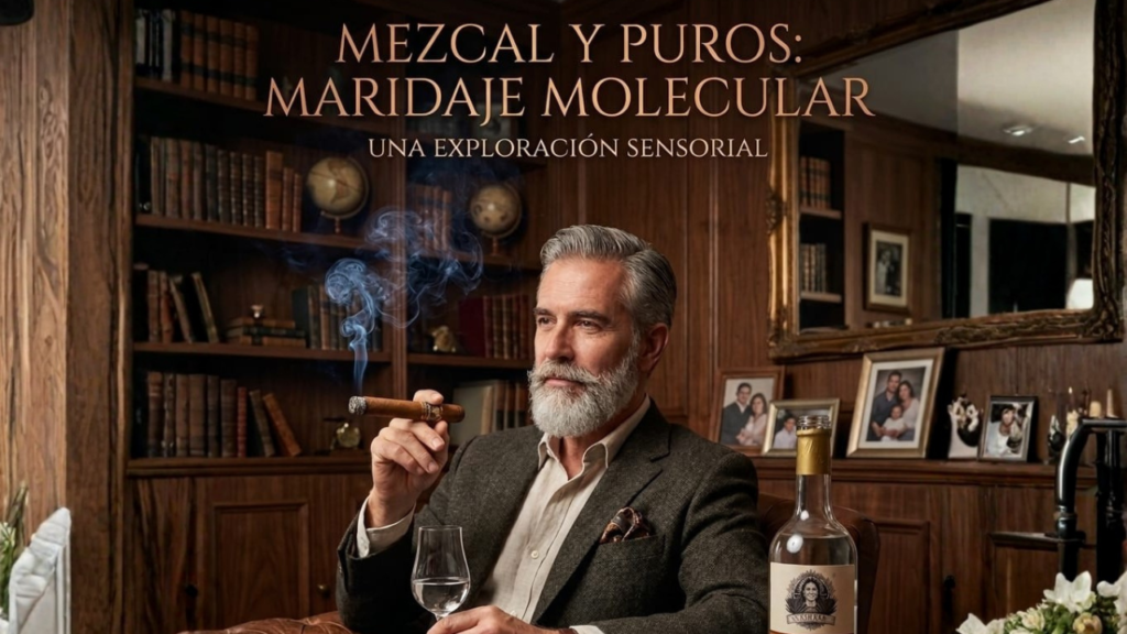 "Imagen de portada titulada 'MEZCAL Y PUROS: MARIDAJE MOLECULAR - UNA EXPLORACIÓN SENSORIAL'. Muestra a un hombre maduro y elegante con barba canosa y chaqueta de tweed, sentado en un sillón de cuero Chesterfield marrón en una biblioteca revestida de madera. Fuma un puro cubano encendido con humo azulado y sostiene una copa con mezcal transparente. En una mesa lateral de madera, se aprecia una botella abierta de mezcal 'EXIQUIA DISTILADOS MEXICANOS' con la etiqueta detallada y el retrato de la mujer indígena, 'MAESTRO: Pedro Ruiz' y otros detalles de producción legibles, junto a un cenicero, un encendedor de soplete y un cortapuros. El fondo tiene estantes con libros antiguos, globos terráqueos y fotos enmarcadas. El ambiente es lujoso, íntimo y refined."