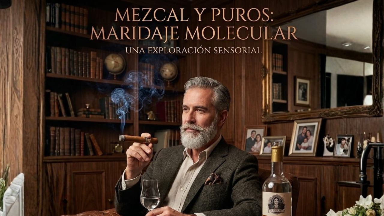 ​"Imagen de portada titulada 'MEZCAL Y PUROS: MARIDAJE MOLECULAR - UNA EXPLORACIÓN SENSORIAL'. Muestra a un hombre maduro y elegante con barba canosa y chaqueta de tweed, sentado en un sillón de cuero Chesterfield marrón en una biblioteca revestida de madera. Fuma un puro cubano encendido con humo azulado y sostiene una copa con mezcal transparente. En una mesa lateral de madera, se aprecia una botella abierta de mezcal 'EXIQUIA DISTILADOS MEXICANOS' con la etiqueta detallada y el retrato de la mujer indígena, 'MAESTRO: Pedro Ruiz' y otros detalles de producción legibles, junto a un cenicero, un encendedor de soplete y un cortapuros. El fondo tiene estantes con libros antiguos, globos terráqueos y fotos enmarcadas. El ambiente es lujoso, íntimo y refined."