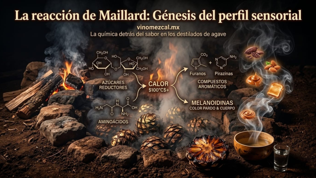 Infografía técnica sobre la reacción de Maillard en la cocción de agave en horno de pozo, mostrando la transformación de azúcares reductores y aminoácidos en pirazinas y furanos para el perfil sensorial del mezcal.
