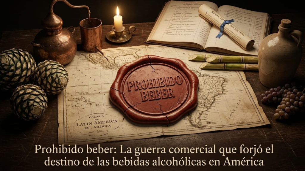 Mapa colonial envejecido como base, sobre el cual destaca un gran sello de cera rojo que dice claramente prohibido beber, alrededor del sello, elementos que representan a los principales actores de esta resistencia, agave, alambiques, uvas y caña de azucar, ambiente dramático, con luz de vela y texturas antiguas