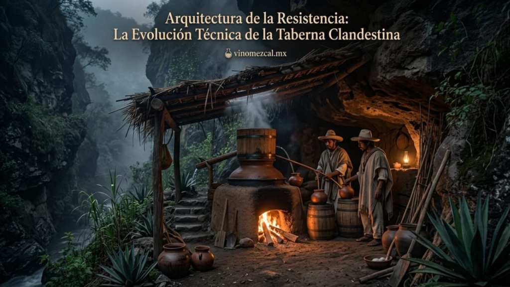 Reconstrucción histórica de una "taberna" clandestina de vino mezcal en una barranca profunda de Jalisco, mostrando a dos maestros operando un alambique híbrido de tipo filipino fabricado con ollas de barro, montera de madera y horno de tierra.