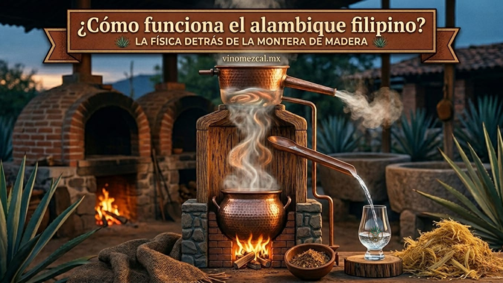 Portada del blog vinomezcal.mx titulada "¿Cómo funciona el alambique filipino? La física detrás de la montera de madera". La imagen muestra una destilería tradicional (taberna) con un alambique de madera en funcionamiento, vapor ascendiendo hacia el cazo de cobre, bagazo de agave y una copa de destilado cristalino en primer plano.