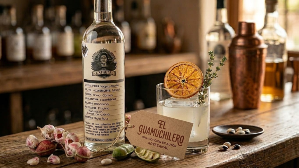 Coctelería artesanal mexicana con Tuxca de Tolimán Jalisco y guamúchil fresco. Fotografía de producto de destilados Exiquia del Maestro Pedro Ruiz para blog de mezcal.