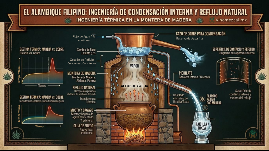 Diagrama esquemático de un alambique de montera de madera tradicional en funcionamiento. Se muestra el mosto y bagazo en la olla de fuego, el vapor ascendiendo, el choque térmico con el agua fría del cazo de cobre y la recolección del destilado a través del pichilate o canaleta interna hacia una copa de cata. vinomezcal.mx.