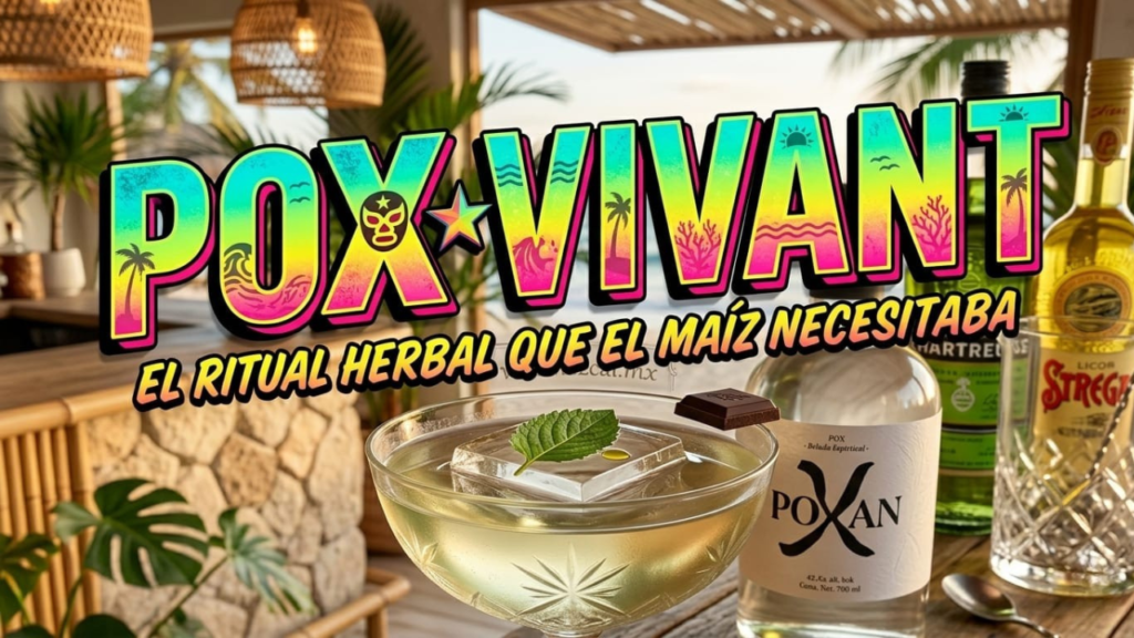 Coctel de autor Pox-Vivant en copa coupe con hielo transparente y chocolate, junto a botella de Pox Poxan, Chartreuse y Strega en un bar de playa tipo chiringuito. Estilo visual de cartel de lucha libre con tipografía vibrante.