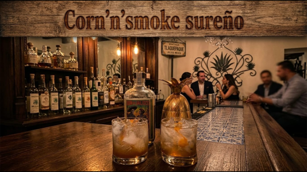 Cóctel Corn 'n' Smoke sureño servido en bar artesanal de Tlaquepaque, elaborado con Ron Exiquia de Jalisco, Falernum casero color mole y mezcal ahumado sobre barra de madera y azulejos tradicionales