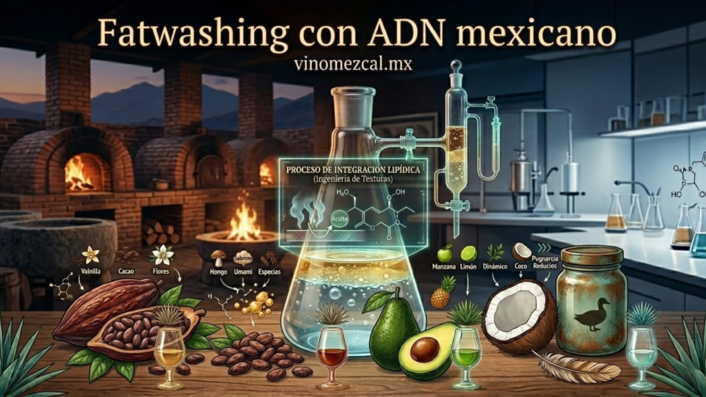 Portada de vinomezcal.mx titulada "Fatwashing con ADN mexicano". La imagen muestra un laboratorio de coctelería científica donde se integran lípidos de ingredientes endémicos como aguacate, coco, cacao y grasa de pato en destilados de agave. Incluye diagramas de integración lipídica, procesos de ingeniería de texturas y perfiles aromáticos de vainilla, hongo umami y especias.