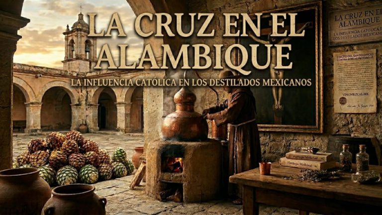 Infografía histórica de Vinomezcal.mx: Un fraile jesuita operando un alambique de cobre en una misión colonial rodeado de piñas de agave, con el título 'La Cruz en el Alambique: La influencia católica en los destilados mexicanos