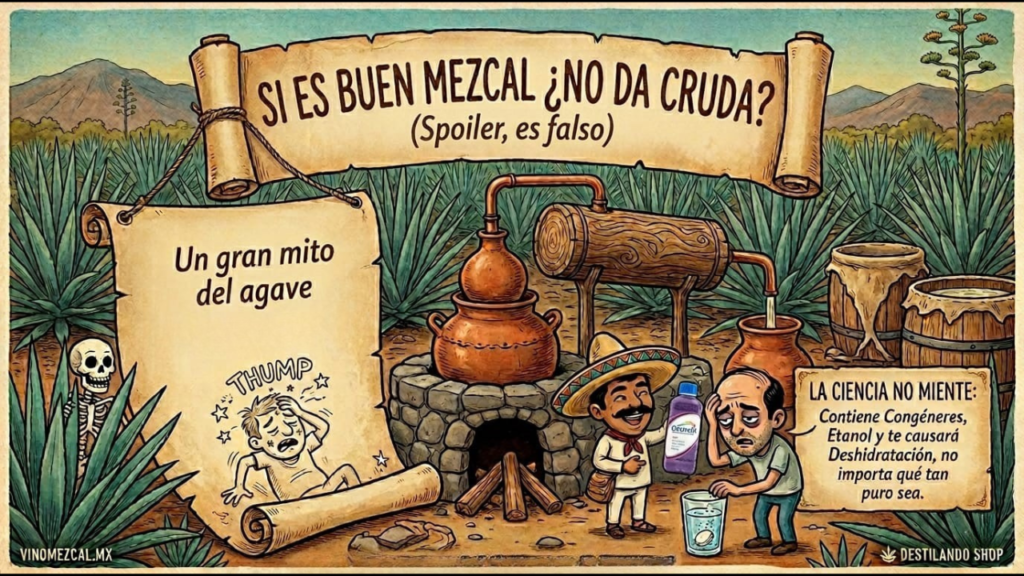 Ilustración humorística de un alambique filipino tradicional en un campo de agaves. Un maestro mezcalero le ofrece una botella de Electrolit a un hombre con resaca. El encabezado dice: "Si es buen mezcal ¿No da cruda? (Spoiler, es falso)". Estilo de cómic vintage con logos de vinomezcal.mx y Destilando Shop.