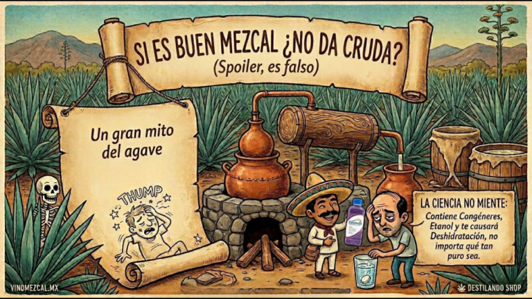 Ilustración humorística de un alambique filipino tradicional en un campo de agaves. Un maestro mezcalero le ofrece una botella de Electrolit a un hombre con resaca. El encabezado dice: "Si es buen mezcal ¿No da cruda? (Spoiler, es falso)". Estilo de cómic vintage con logos de vinomezcal.mx y Destilando Shop.