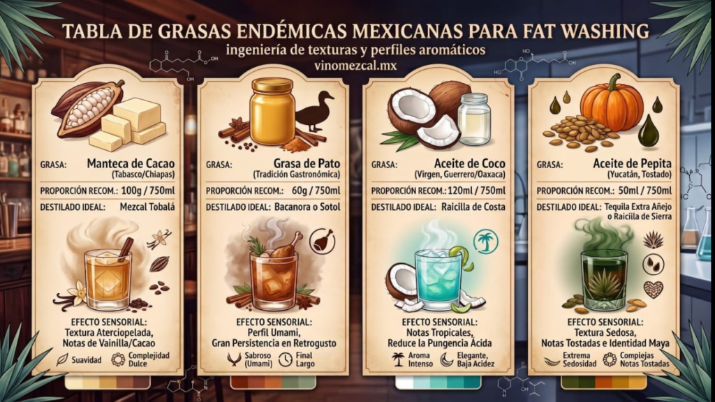 Infografía técnica regenerada de vinomezcal.mx: Tabla comparativa de grasas endémicas de México (Manteca de Cacao, Grasa de Pato, Aceite de Coco, Aceite de Pepita de Calabaza) para técnicas de Fat Washing en destilados de agave (Mezcal Tobalá, Bacanora, Sotol, Raicilla). Muestra proporciones recomendadas y diagramas claros de efectos sensoriales en la textura y el aroma.