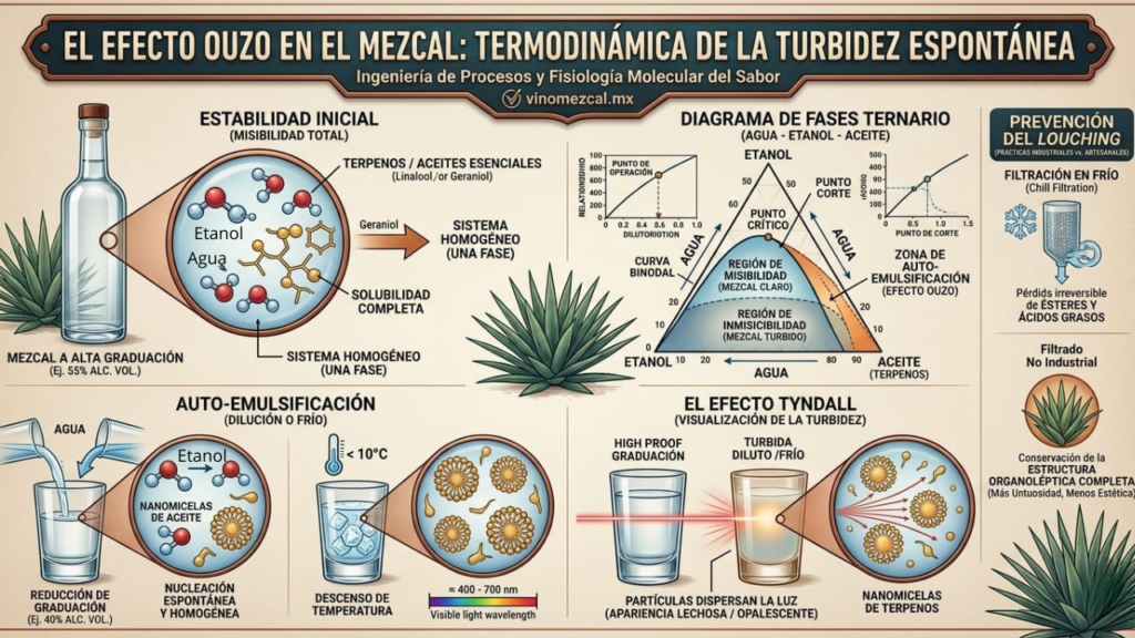 Infografía técnica sobre el Efecto Ouzo y la turbidez espontánea en el mezcal. Diagrama de fases que muestra la nucleación de micelas de aceites esenciales (terpenos) al reducir la graduación alcohólica. Explica el Efecto Tyndall de dispersión de luz en coloides hidroalcohólicos y la importancia de no filtrar en frío para conservar ésteres y ácidos grasos.