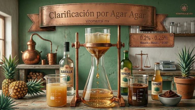 Portada del blog vinomezcal.mx titulada "Clarificación por Agar Agar". La imagen muestra un laboratorio de mixología técnica con botellas de Raicilla y Tepache, un cuenco de mole, piñas y un sistema de filtración profesional con un matraz Erlenmeyer recibiendo una gota cristalina. Estilo realista con iluminación de taberna artesanal.