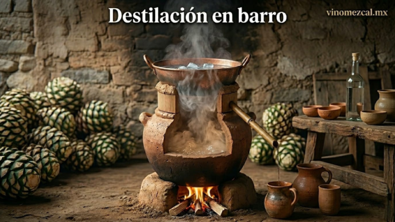 Fotografía realista de un alambique ancestral de barro en corte transversal. En la base, una olla de barro sobre fuego de leña muestra vapor denso en su interior indicando ebullición. La parte superior está sellada por un cazo de cobre con agua y cubos de hielo que funciona como condensador de choque. El destilado fluye por un tubo de carrizo hacia un cántaro de barro, rodeado de piñas de agave en un entorno rústico. Texto superpuesto: "Destilación en barro".