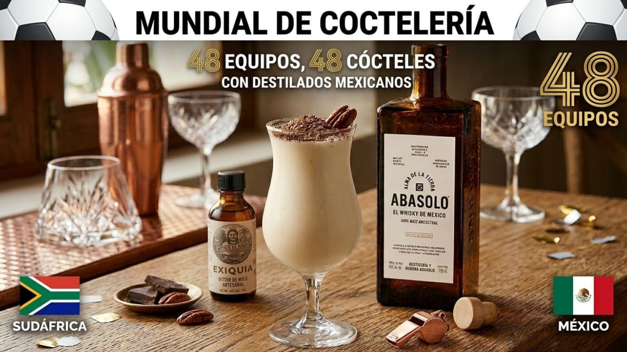 Coctel Don Pedro sudafricano preparado con whisky Abasolo, helado de vainilla y Bitter de Mole Exiquia sobre una Mesa de Madera