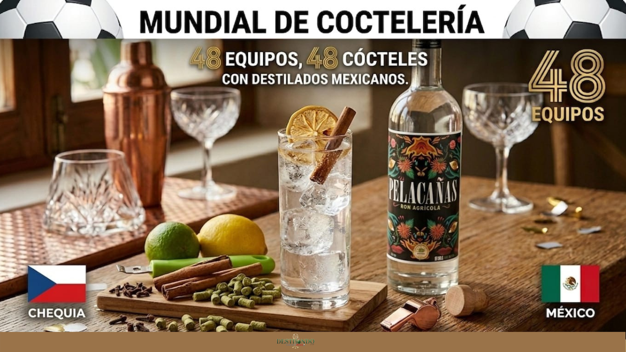 Cóctel Pelacañas Bohemian Tonic en vaso highball con canela quemada y lúpulo, junto a una botella de Ron Pelacañas Blanco.