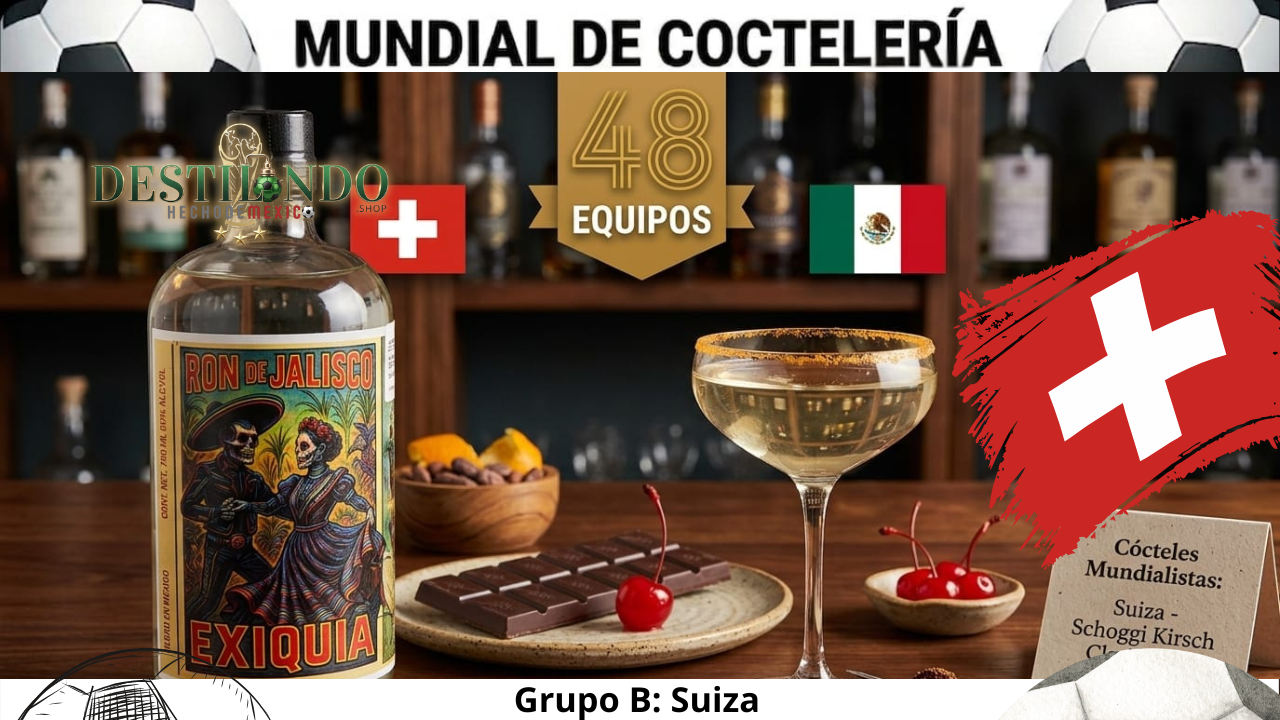 Cóctel Schoggi Kirsch Clarificado transparente en vaso junto a la botella de Ron de Jalisco Exiquia de 50 grados, barra de chocolate oscuro, cerezas y menú del Mundial.