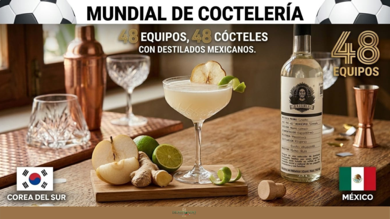 Cóctel clarificado Tuxca Nashi Sour inspirado en Corea del Sur, junto a una botella de Tuxca Exiquia Lineño, pera asiática y jengibre sobre barra de madera.