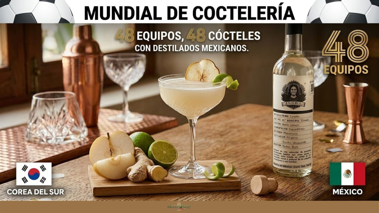 Cóctel clarificado Tuxca Nashi Sour inspirado en Corea del Sur, junto a una botella de Tuxca Exiquia Lineño, pera asiática y jengibre sobre barra de madera.