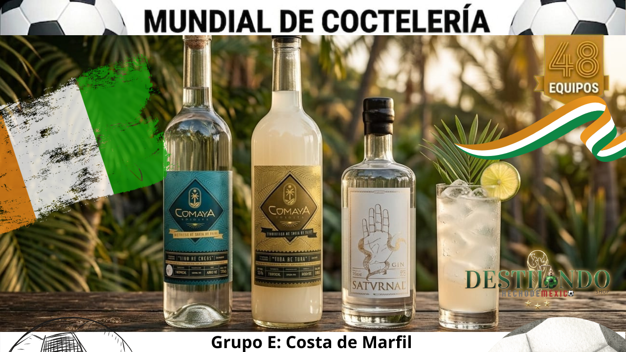 Cóctel 'Bandji con Tuba' junto a botellas de Vino de Cocos, Tuba Fermentada de Comaya Spirits y Ginebra Satvrnal para VinoMezcal.mx.