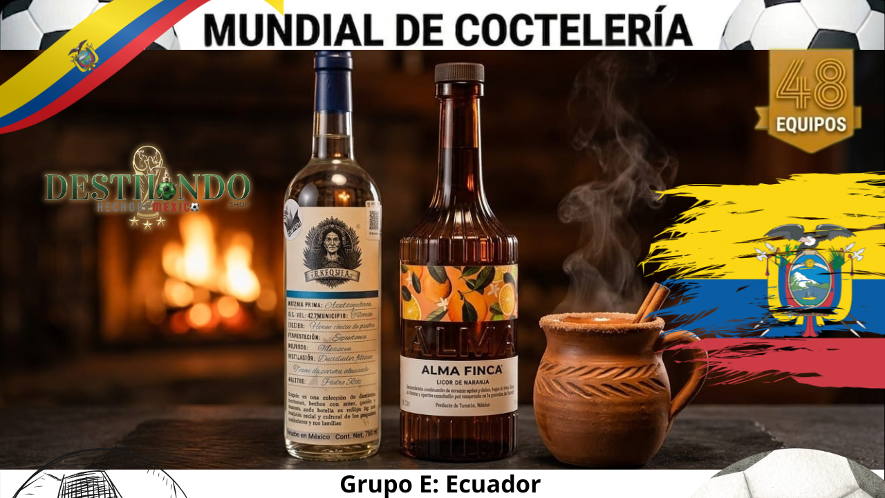 Cóctel 'Canelazo Mitad del Mundo' en taza de barro junto a botellas de Tuxca Exiquia Agave Azul y Licor Alma Finca para VinoMezcal.mx.