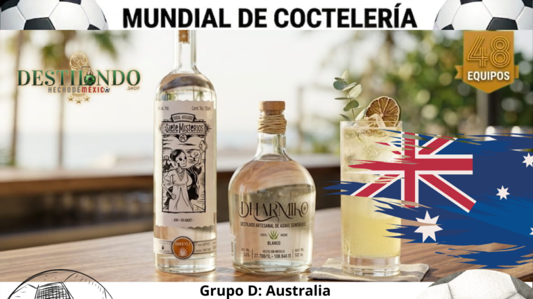 Cóctel 'El Gran Agave de Coral' en vaso Collins alto junto a botellas de Dharmiko Bovicornuta y Mezcal Siete Misterios Doba-Yej para VinoMezcal.mx.