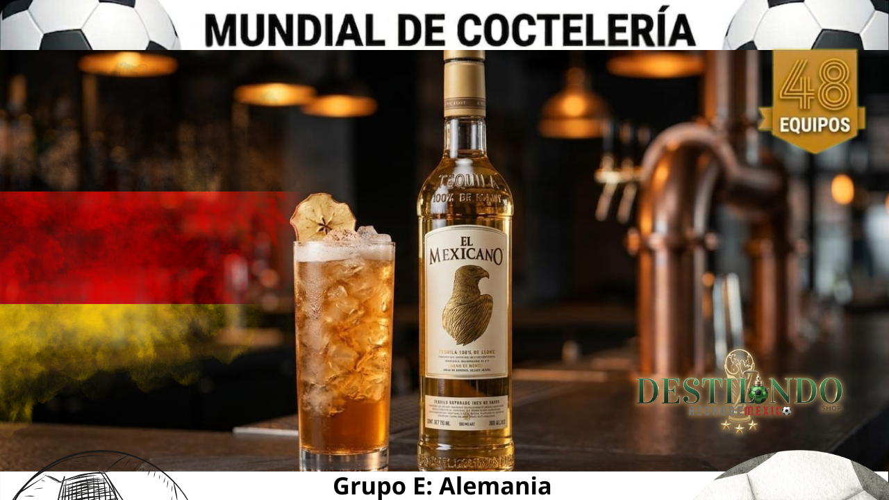 Cóctel 'Reposado de Múnich' en vaso Highball junto a la botella de Tequila El Mexicano Reposado para VinoMezcal.mx.