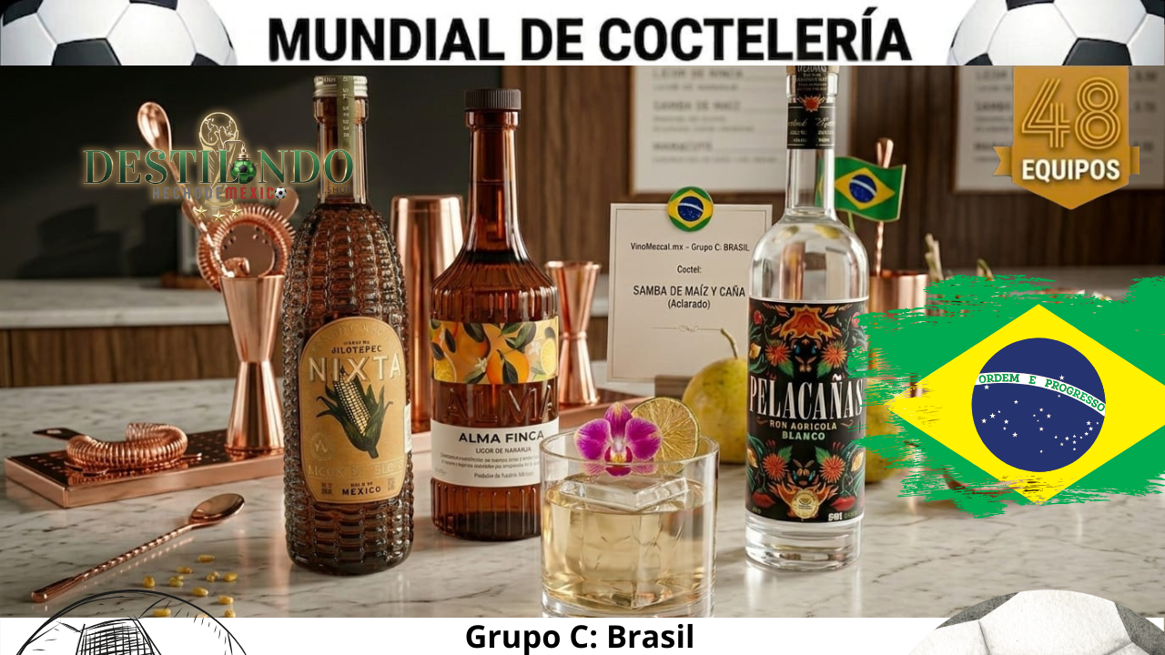 Cóctel clarificado 'Samba de Maíz y Caña' con Nixta, Alma Finca y Ron Pelacañas en barra de bar para VinoMezcal.mx.