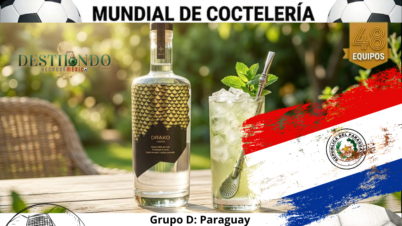 Cóctel 'Tereré con Piquete' en vaso Highball junto a la botella de Vodka Drako para VinoMezcal.mx.