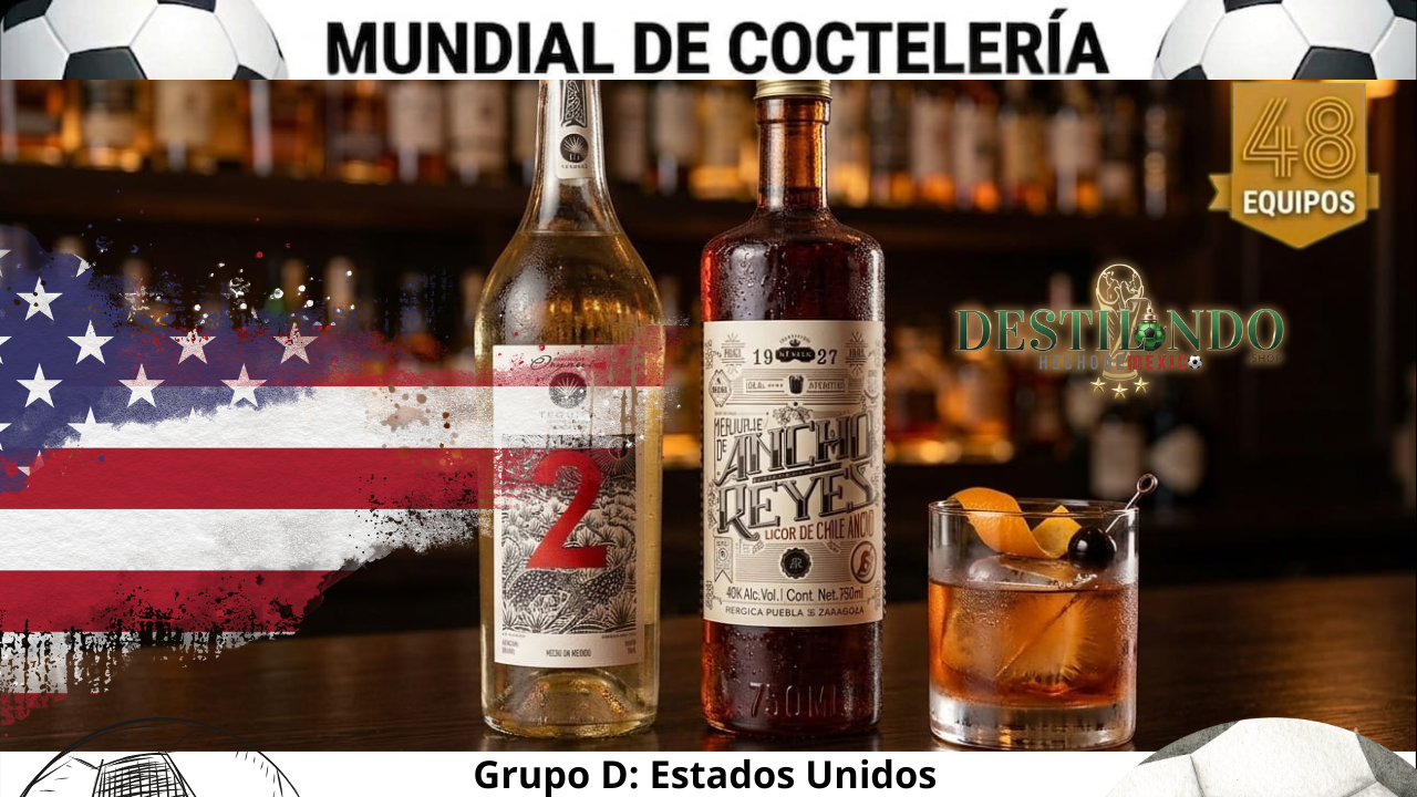 Cóctel 'USA Reposadou' en vaso Old Fashioned junto a botellas de Tequila Reposado y Licor Ancho Reyes Rojo para VinoMezcal.mx.