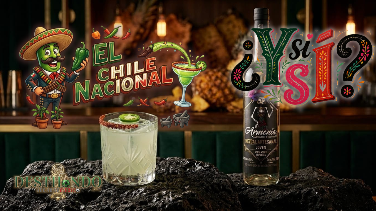 Coctel con mezcal picante El Chile Nacional con escarchado de sal de chile en vaso roca sobre barra de piedra.