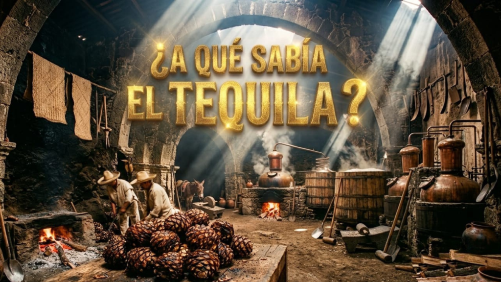 Taberna histórica del siglo XIX en Jalisco con piñas de agave cocidas y alambique de cobre tradicional previo a la primera norma del tequila.