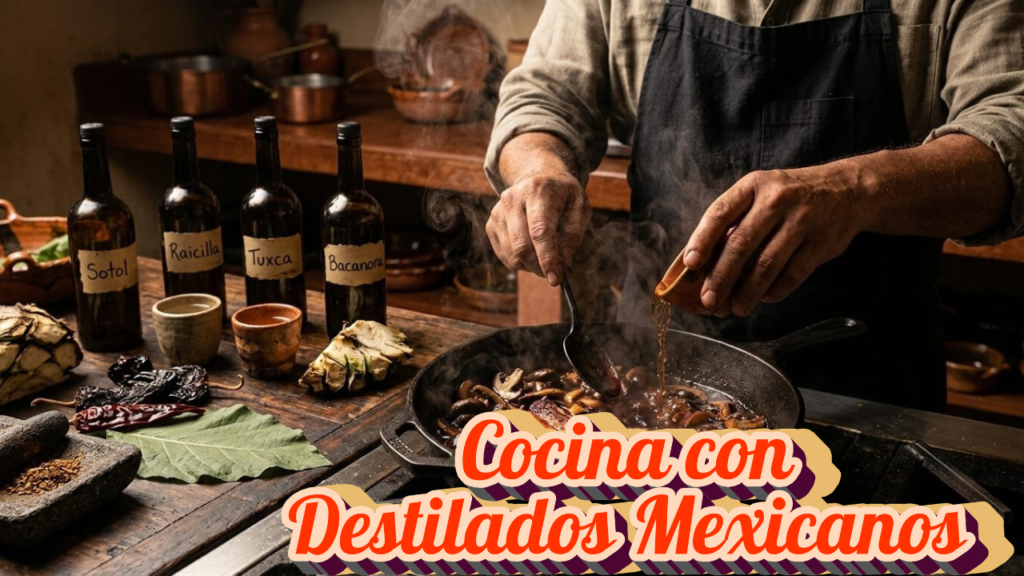 Sartén de hierro con glaseado hirviendo y vapor aromático al integrar destilados mexicanos como tuxca y mezcal