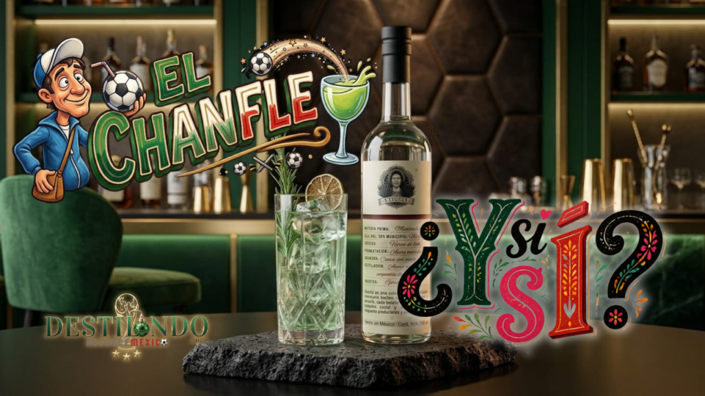 Coctel El Chanfle de la Sierra con Raicilla Exiquia Maximiliana premium en barra de bar.
