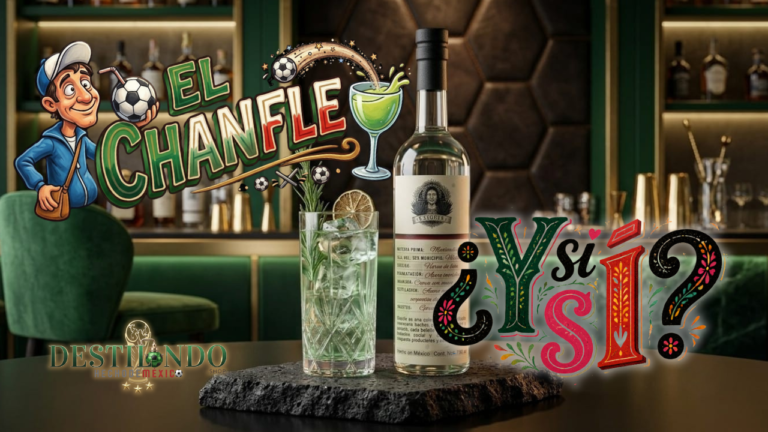 Coctel El Chanfle de la Sierra con Raicilla Exiquia Maximiliana premium en barra de bar.