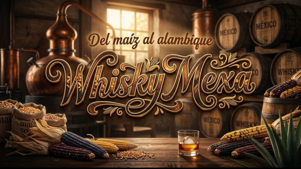 ​Vaso de whisky mexicano artesanal con hielo junto a mazorcas de maíz criollo nativo azul y amarillo en alambique de cobre