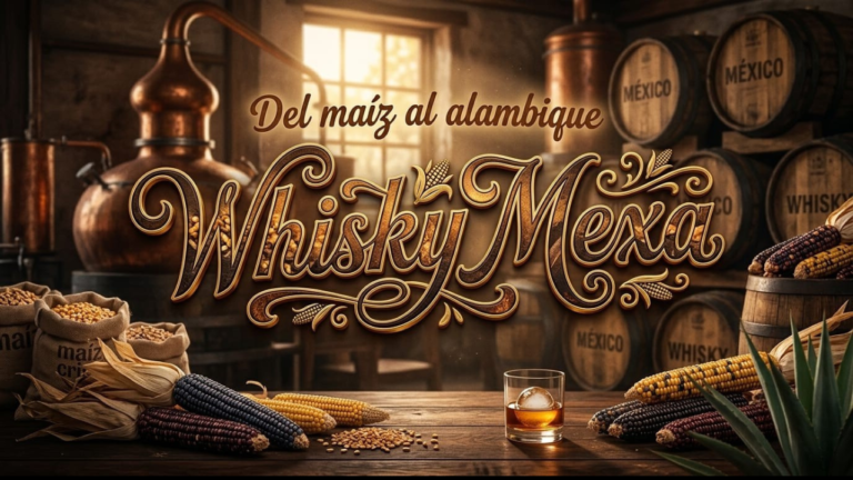 ​Vaso de whisky mexicano artesanal con hielo junto a mazorcas de maíz criollo nativo azul y amarillo en alambique de cobre