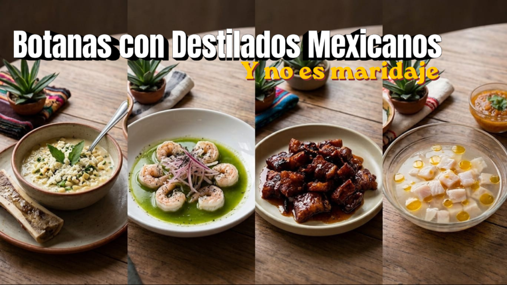 Cuatro botanas moleculares técnicas con destilados mexicanos: Esquites con Raicilla, Aguachile con Sotol, Chicharrones con Ron Agrícola, y Ceviche con Tuxca en una mesa rústica de madera.
