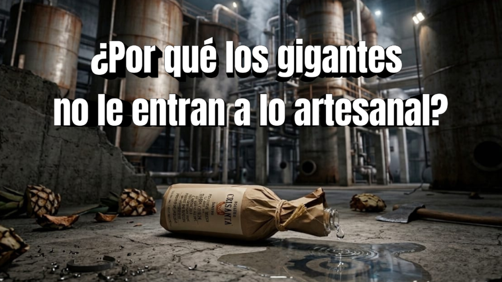 Botella de raicilla artesanal caída derramando una gota en el piso de una fábrica industrial de destilados.