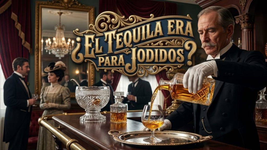 Mesero elegante sirviendo tequila en una copa de cristal en una cantina de lujo durante el Porfiriato, desmintiendo el mito del tequila barato.